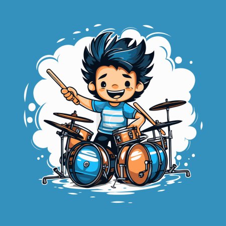 Cartoon boy playing drums on a blue background. Vector illustration.