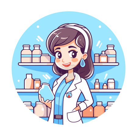Illustration for Woman pharmacist cartoon character. Vector illustration in a flat style. - Royalty Free Image