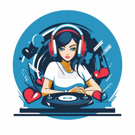 Téléchargez les illustrations : Illustration vectorielle d'une fille dj jouant un disque vinyle avec écouteurs et coeurs - en licence libre de droit
