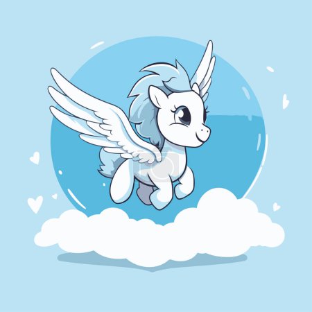Illustration for Cute cartoon unicorn flying on the clouds. Vector illustration. Isolated on blue background. - Royalty Free Image