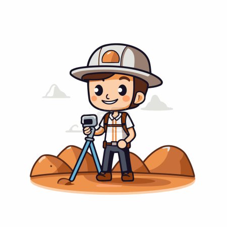 Illustration for Cute cartoon boy construction worker with camera and helmet vector illustration. - Royalty Free Image