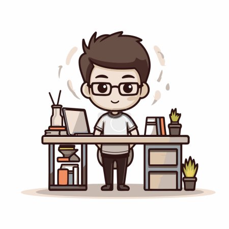 Illustration for Cute boy working at office desk with computer and coffee cup vector illustration - Royalty Free Image