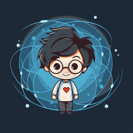 Illustration for Cute boy in glasses standing on the background of the planet. Vector illustration - Royalty Free Image