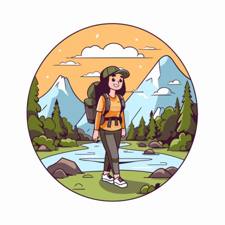 Ilustración de Mujer senderista con mochila en las montañas. Ilustración vectorial en estilo de dibujos animados. - Imagen libre de derechos