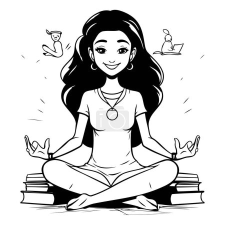 Téléchargez les illustrations : Illustration vectorielle d'une jeune femme méditant en position de lotus sur les livres - en licence libre de droit