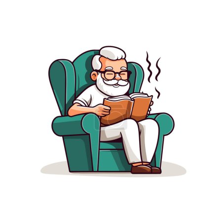 Téléchargez les illustrations : Grand-père lisant dans un fauteuil. Illustration vectorielle dans le style dessin animé - en licence libre de droit