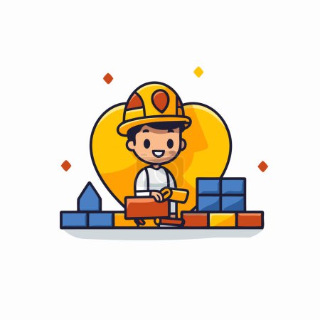 Illustration for Worker with hard hat and bricks. Flat style vector illustration. - Royalty Free Image