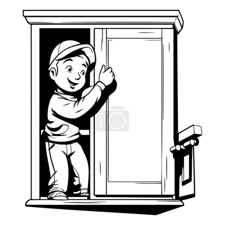 Téléchargez les illustrations : Illustration vectorielle d'un garçon avec un bonnet et des gants ouvrant la porte. - en licence libre de droit