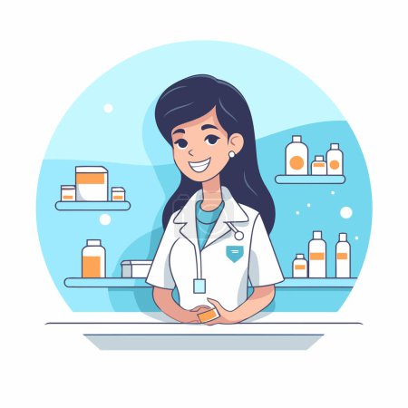 Ilustración de Ilustración vectorial de una mujer farmacéutica de pie frente al mostrador de farmacia. - Imagen libre de derechos