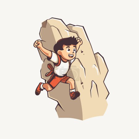 Illustration for Climber boy climbing on a rock. Cartoon vector illustration. - Royalty Free Image