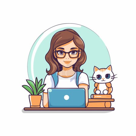 Téléchargez les illustrations : Jeune femme travaillant à la maison avec son chat. Illustration vectorielle dans le style dessin animé. - en licence libre de droit
