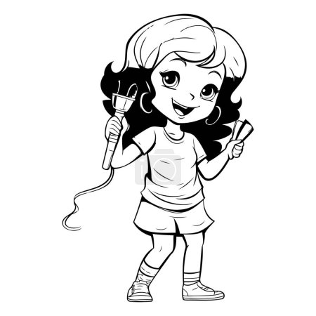 Téléchargez les illustrations : Une fille avec un bouchon à la main. Illustration vectorielle noir et blanc. - en licence libre de droit