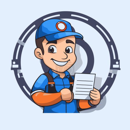 Illustration for Plumber in blue uniform holding clipboard. Vector cartoon character illustration. - Royalty Free Image