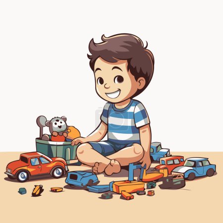 Téléchargez les illustrations : Illustration d'un petit garçon jouant avec sa voiture jouet et son camion - en licence libre de droit