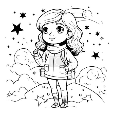 Cute little girl in outer space. Vector illustration for coloring book.