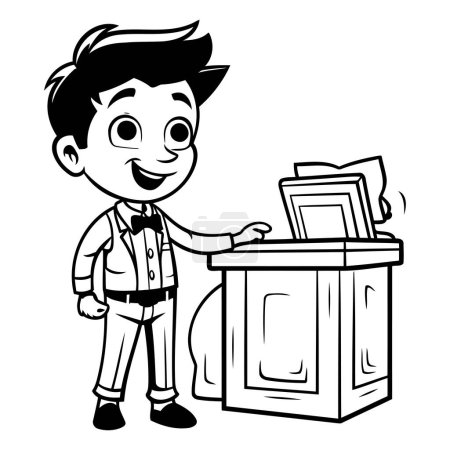 Illustration for Cartoon boy standing in front of a ballot box. Black and white illustration. - Royalty Free Image