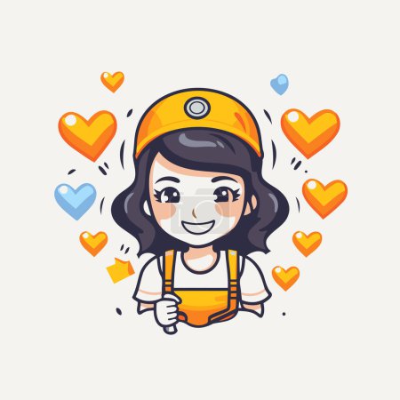 Illustration for Cute girl in helmet and overalls with hearts around. Vector illustration. - Royalty Free Image