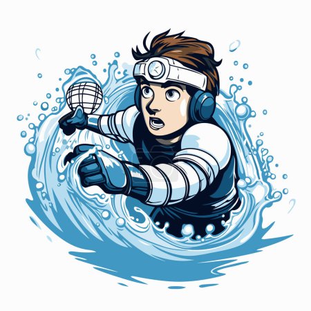 Illustration for Surfer with helmet and ice skates in the water. Vector illustration. - Royalty Free Image