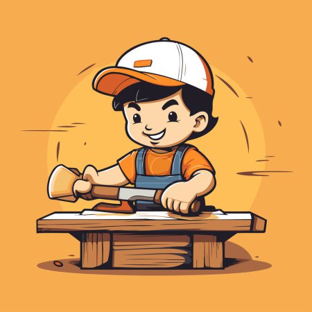 Téléchargez les illustrations : Un charpentier qui travaille sur une planche de bois. Illustration vectorielle de dessin animé. - en licence libre de droit