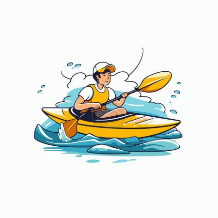 Illustration for Man in a kayak on the waves. Vector illustration in cartoon style - Royalty Free Image