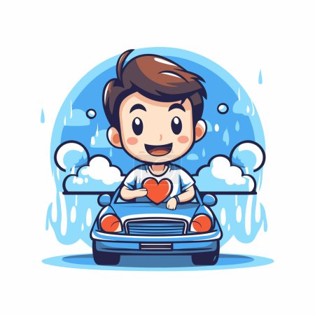Illustration for Cute little boy with heart in the car. Vector illustration. - Royalty Free Image