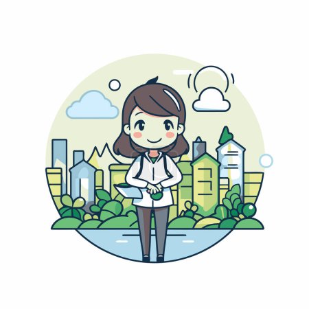 Illustration for Business woman in a city park. Vector illustration. Flat style. - Royalty Free Image
