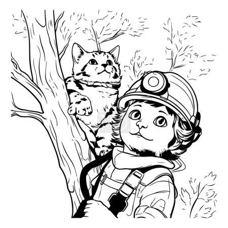 Téléchargez les illustrations : Dessin animé noir et blanc Illustration d'un chat mignon entouré d'une femme pompier - en licence libre de droit