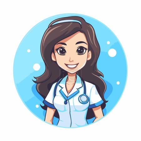 Illustration for Beautiful smiling nurse with stethoscope. Vector illustration in cartoon style. - Royalty Free Image