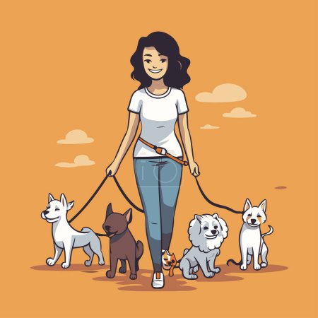 Illustration for Young woman walking with her dogs. Vector illustration in cartoon style. - Royalty Free Image