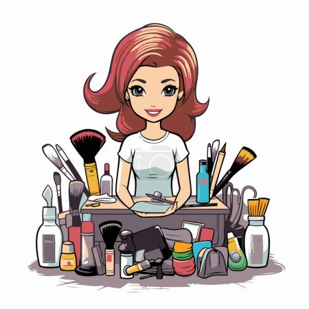 Illustration for Beautiful girl with make-up tools. Vector illustration of a woman with makeup tools. - Royalty Free Image