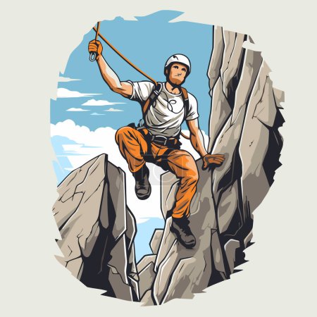 Illustration for Mountaineer climbing on a rock. Vector illustration in retro style. - Royalty Free Image