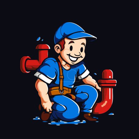 Illustration for Plumber with pipe. Vector illustration. Isolated on black background. - Royalty Free Image