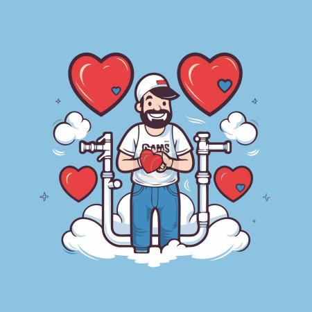 Téléchargez les illustrations : Illustration vectorielle d'un homme avec un cœur dans les nuages. Concept de Saint-Valentin. - en licence libre de droit