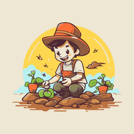 Téléchargez les illustrations : Illustration d'un agriculteur plantant des légumes dans le jardin. Illustration vectorielle. - en licence libre de droit