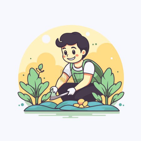 Gardener in the garden. Vector illustration in cartoon style.
