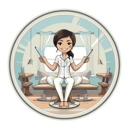 Téléchargez les illustrations : Illustration vectorielle d'une femme médecin assise sur la chaise et tenant un pointeur - en licence libre de droit