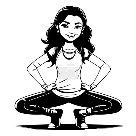Illustration for Beautiful young girl in sportswear. Black and white vector illustration. - Royalty Free Image