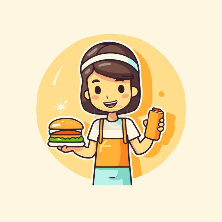 Téléchargez les illustrations : Une fille tenant un hamburger et un téléphone portable. Illustration vectorielle. - en licence libre de droit