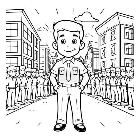Illustration for Black and White Cartoon Illustration of School Boy or Elementary School Kid in Uniform Walking on the Street Coloring Book - Royalty Free Image
