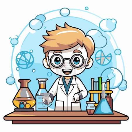 Illustration for Boy scientist in the laboratory. Vector illustration of a cartoon character. - Royalty Free Image
