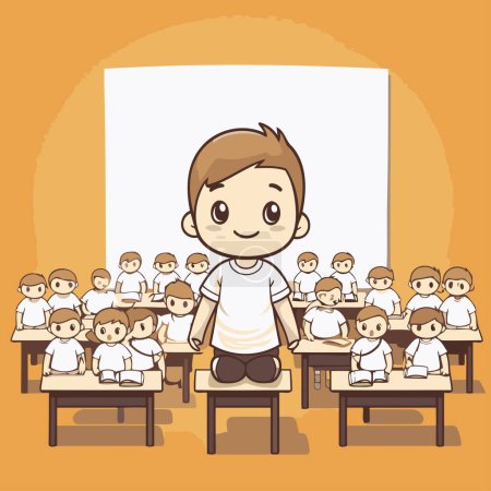 Téléchargez les illustrations : Un écolier assis devant un groupe d'élèves. Illustration vectorielle - en licence libre de droit