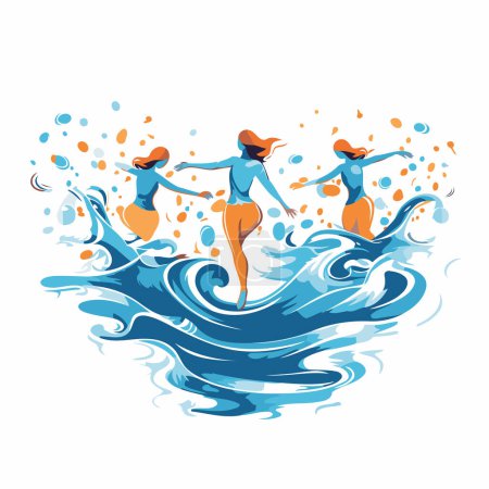 Illustration for Vector illustration of three girls jumping into the water on a wave. - Royalty Free Image