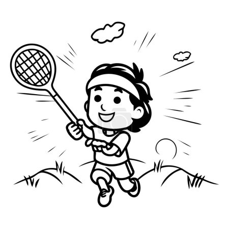 Illustration for Cartoon illustration of a boy playing badminton - Coloring book - Royalty Free Image