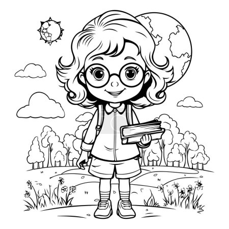 Ilustración de Linda niña con libros en el parque. Ilustración vectorial. - Imagen libre de derechos
