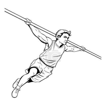 Téléchargez les illustrations : Un sportif qui saute avec un bar. Illustration vectorielle noir et blanc. - en licence libre de droit