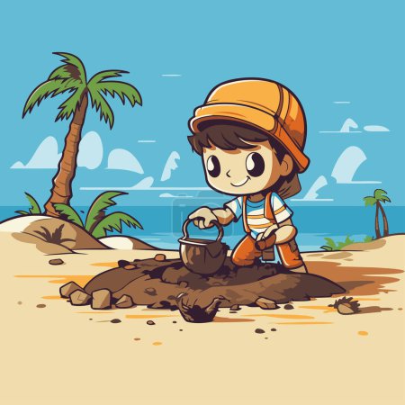 Illustration for Boy watering coconut on the beach. Vector illustration in cartoon style. - Royalty Free Image