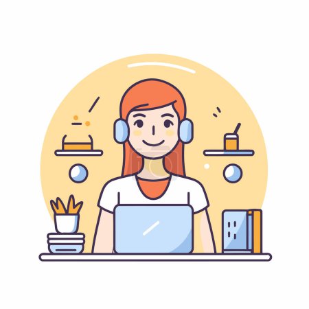 Téléchargez les illustrations : Illustration vectorielle d'une femme travaillant à la maison avec un ordinateur portable. Design de style plat. - en licence libre de droit