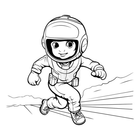Astronaut running. Black and white vector illustration for coloring book