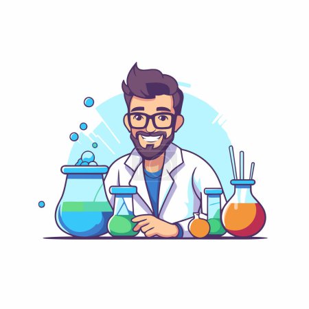 Illustration for Scientist with flask and test tube. Vector illustration in cartoon style - Royalty Free Image