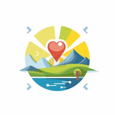 Ilustración de Montañas con plantilla de diseño de logotipo de vector de corazón. Icono de viajes y turismo. - Imagen libre de derechos